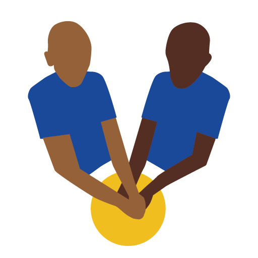 Two stylized children with their hands on a yellow ball